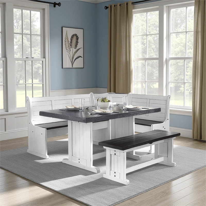Bowery Hill 4 Piece Breakfast Nook Set with Faux Leather Blue Cushion Set