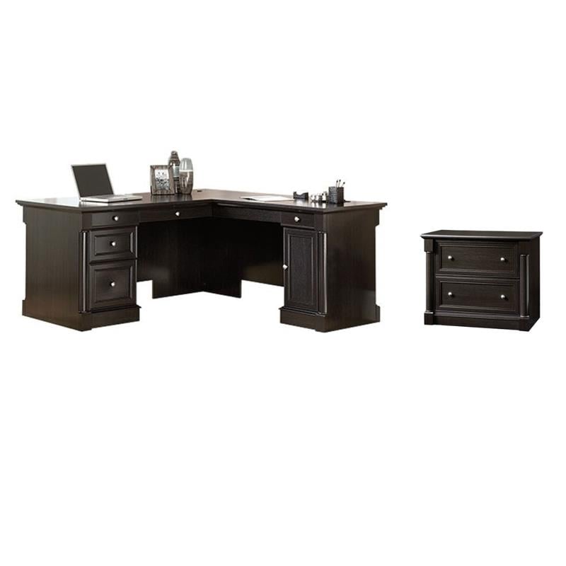 Bowery Hill Set of 2 Wood L-Shaped Computer Desk & Lateral Filing Cabinet
