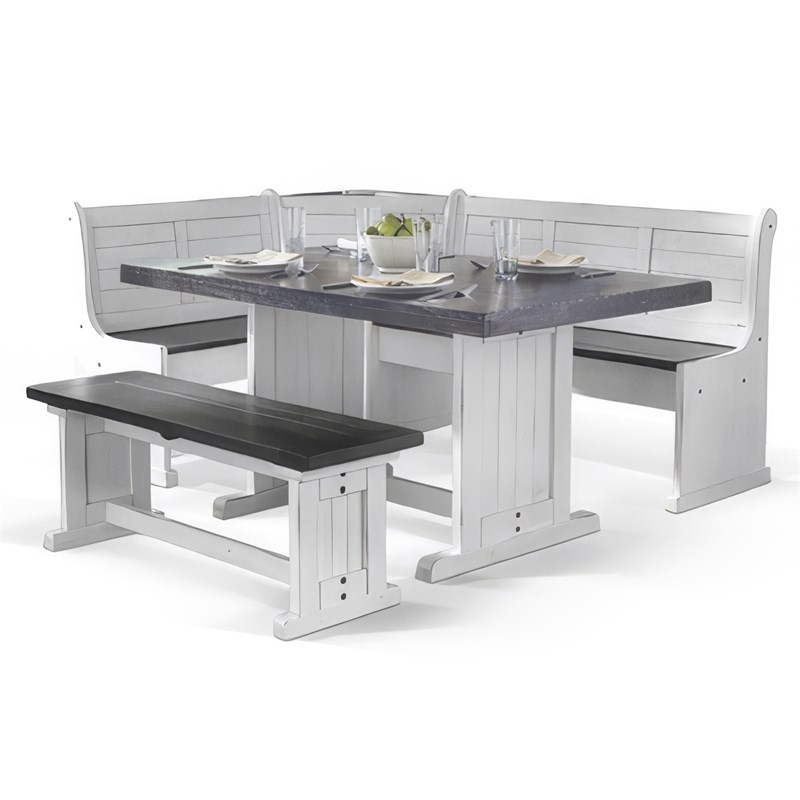 Bowery Hill 4pc Breakfast Nook Set - Dining Table & Benches in White & Brown
