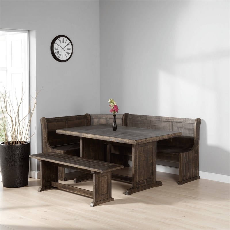 Bowery Hill 4pc Breakfast Nook Set- Dining Table & Corner Bench in Dark Brown