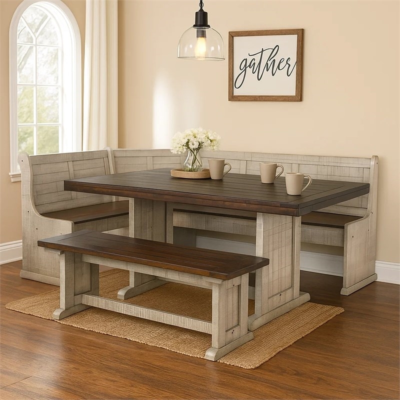 Bowery Hill 4pc Corner Breakfast Nook Set- Gray Brown Dining Table and Bench