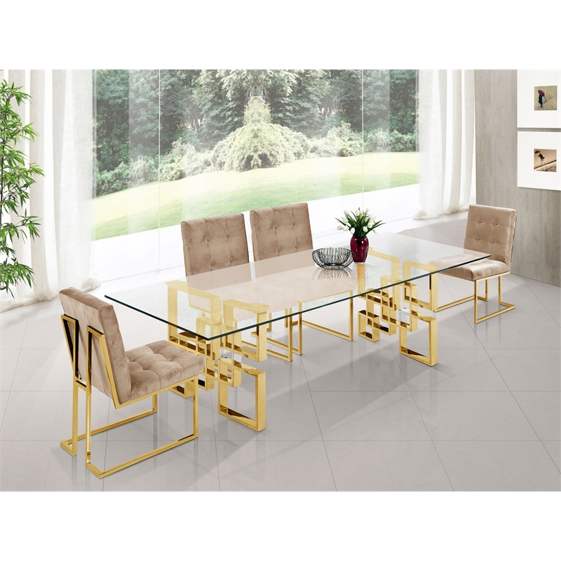 Bowery Hill Contemporary Glass Top Stainless Steel Dining Table in Gold