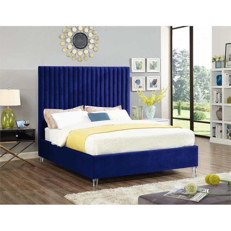 Bowery Hill Contemporary Solid Wood Tufted Velvet Full Bed in Navy