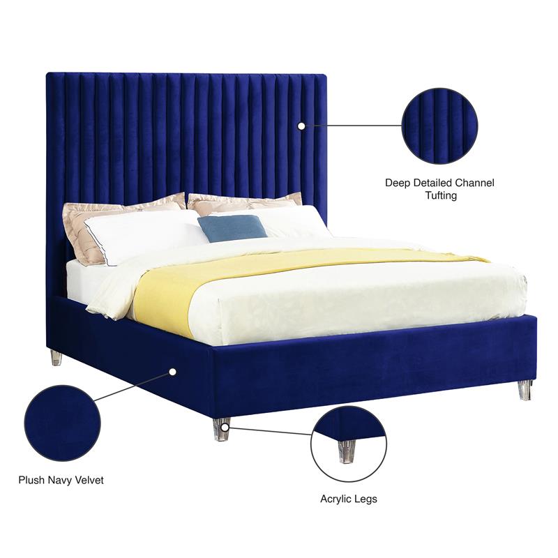 Bowery Hill Contemporary Solid Wood Tufted Velvet Full Bed in Navy