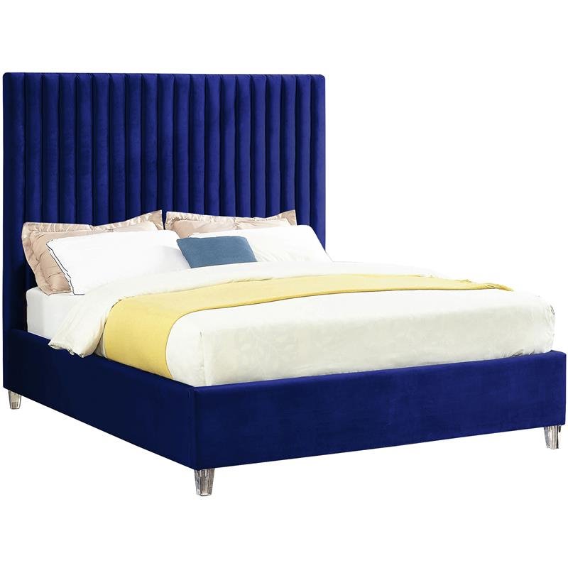 Bowery Hill Contemporary Solid Wood Tufted Velvet Full Bed in Navy