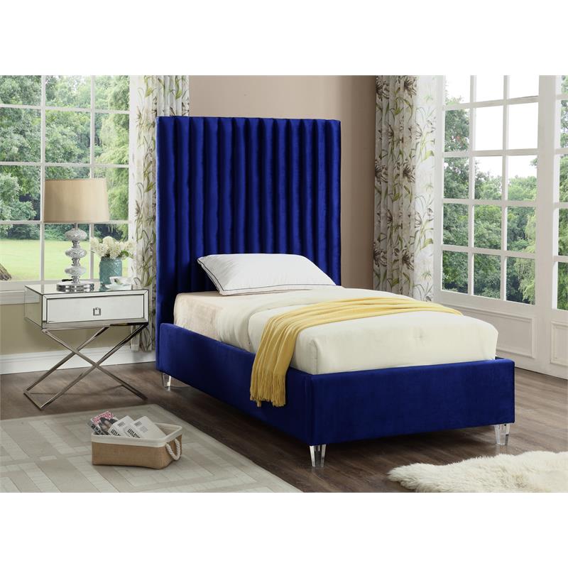 Bowery Hill Contemporary Solid Wood Tufted Velvet Twin Bed in Navy