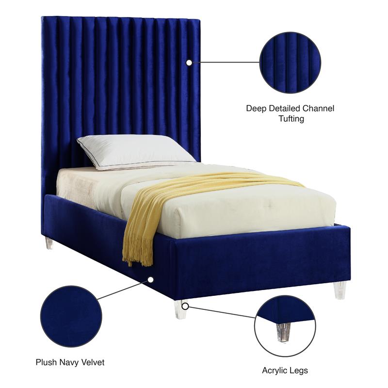 Bowery Hill Contemporary Solid Wood Tufted Velvet Twin Bed in Navy