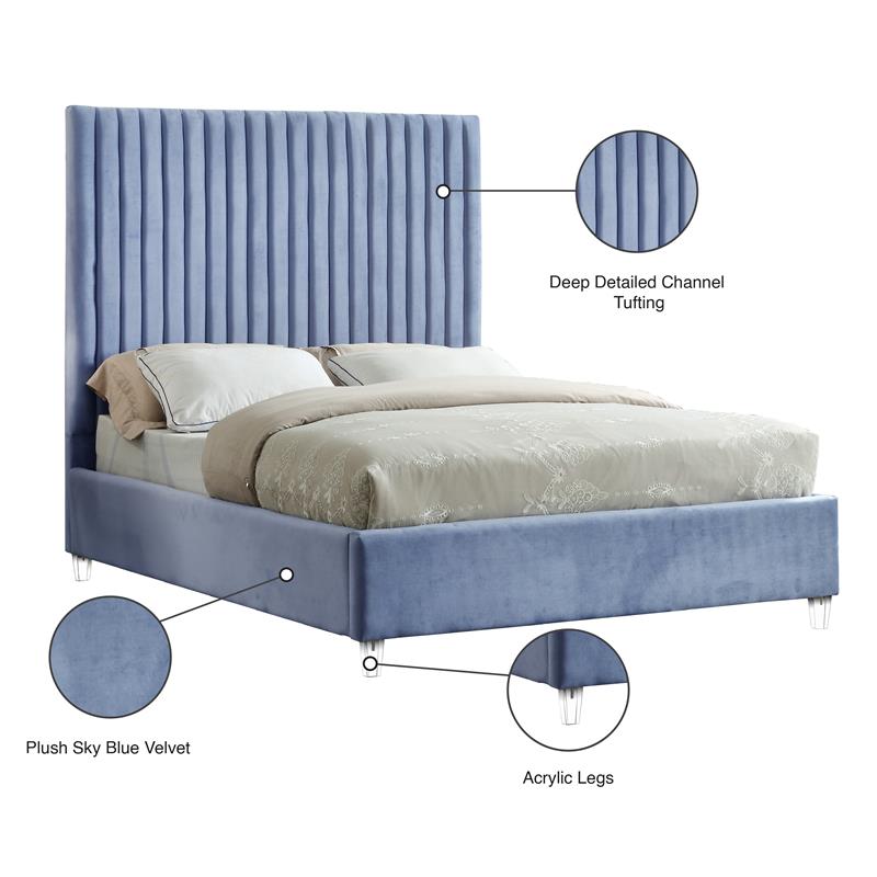 Bowery Hill Contemporary Solid Wood Tufted Velvet Full Bed in SKy Blue