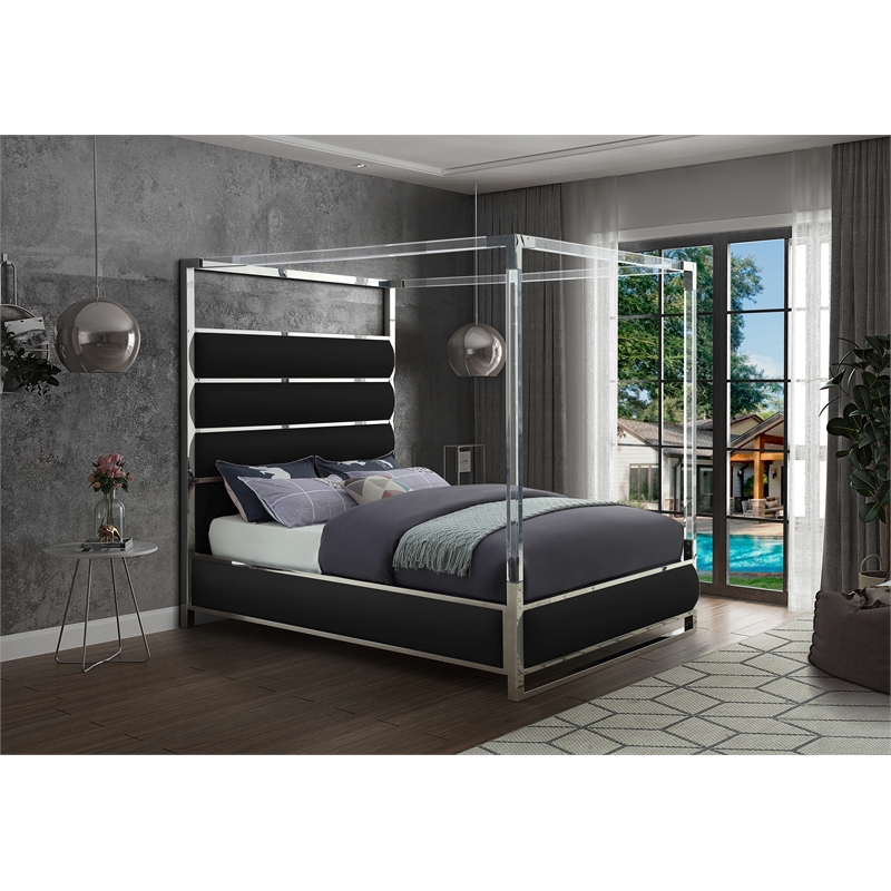 Bowery Hill Contemporary Solid Wood and Vegan Leather King Bed in Black