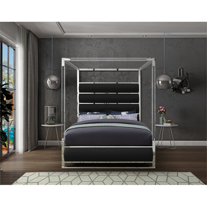 Bowery Hill Contemporary Solid Wood and Vegan Leather King Bed in Black