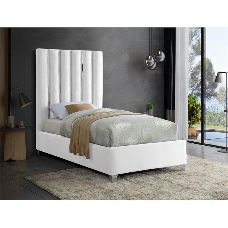 Bowery Hill Contemporary Solid Wood and Velvet Twin Bed in White