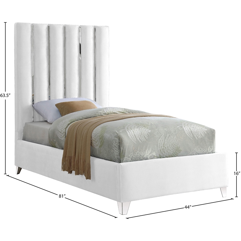 Bowery Hill Contemporary Solid Wood and Velvet Twin Bed in White