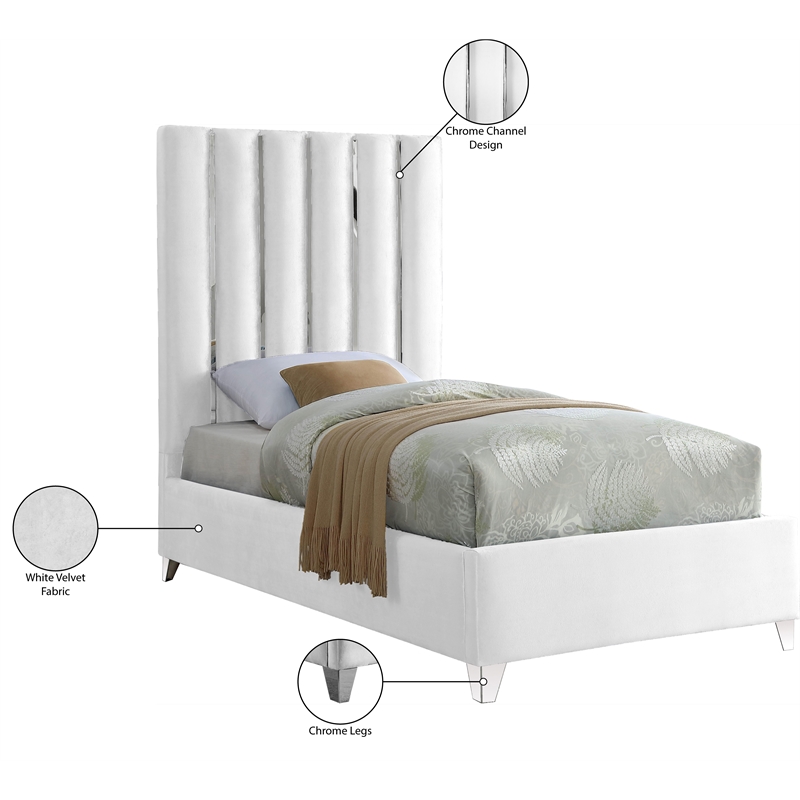 Bowery Hill Contemporary Solid Wood and Velvet Twin Bed in White
