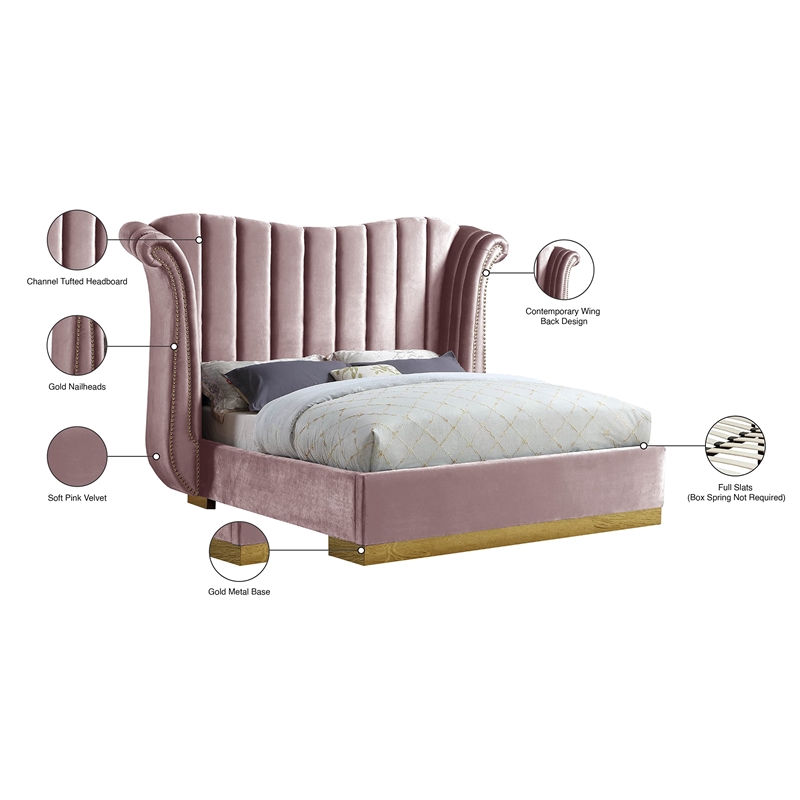 Bowery Hill Contemporary Solid Wood and Velvet Queen Bed in Pink