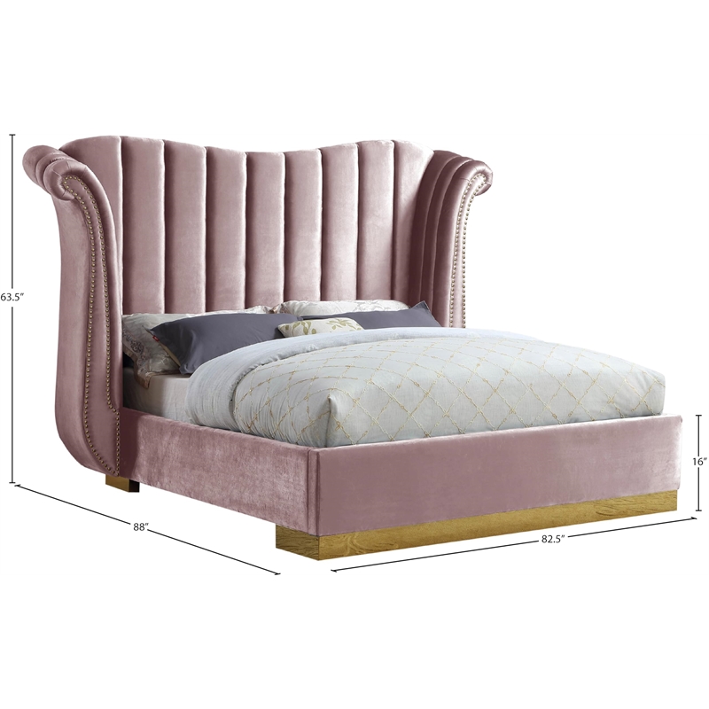 Bowery Hill Contemporary Solid Wood and Velvet Queen Bed in Pink