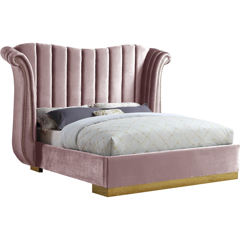Bowery Hill Contemporary Solid Wood and Velvet Queen Bed in Pink