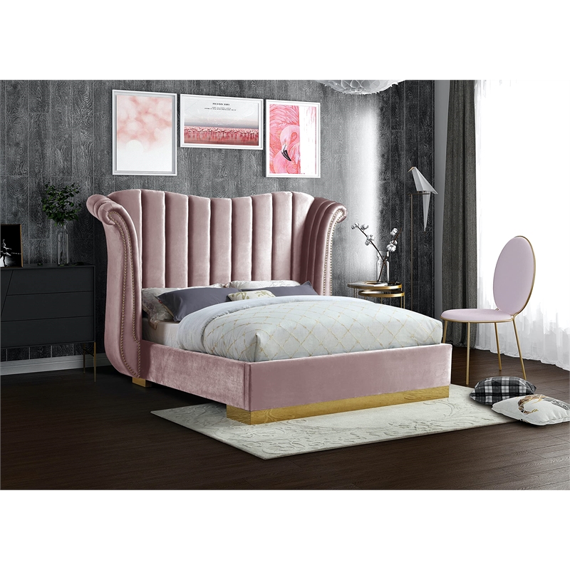 Bowery Hill Contemporary Solid Wood and Velvet Queen Bed in Pink