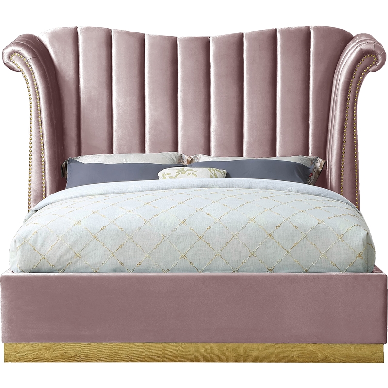 Bowery Hill Contemporary Solid Wood and Velvet Queen Bed in Pink