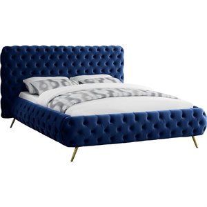 Bowery Hill Contemporary Solid Wood Tufted Velvet Queen Bed in Navy