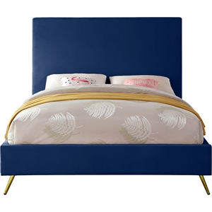 Bowery Hill Contemporary Velvet Queen Bed in Navy with Gold and Chrome Legs