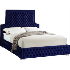 Bowery Hill Contemporary Deep Button Tufted Rich Velvet Queen Bed in Navy