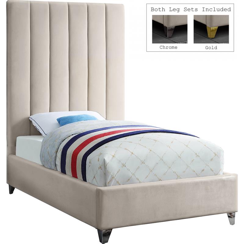Bowery Hill Contemporary Deep Channel Tufted Rich Velvet Twin Bed in Cream