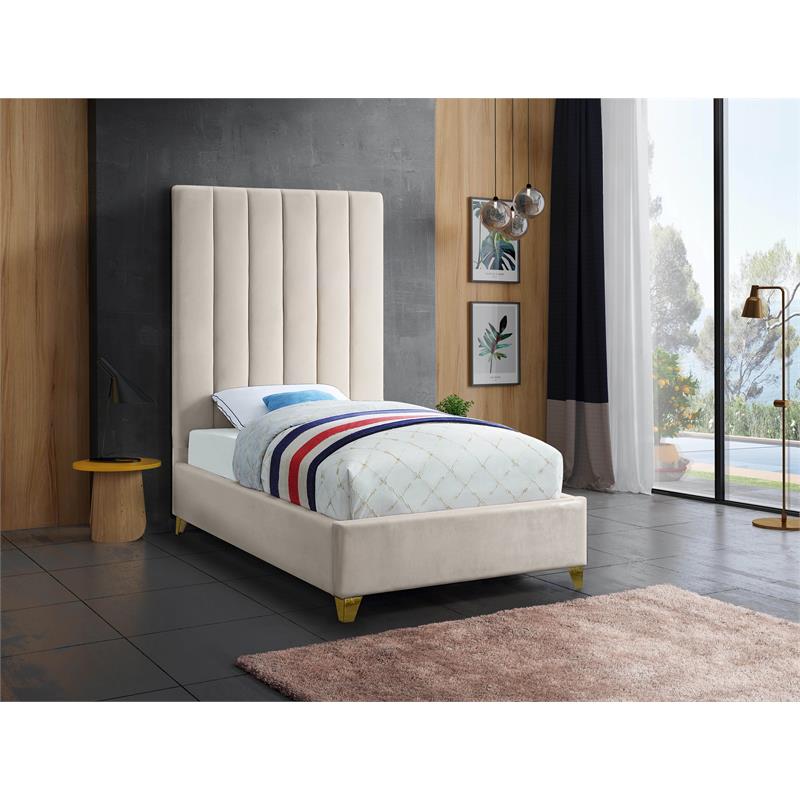 Bowery Hill Contemporary Deep Channel Tufted Rich Velvet Twin Bed in Cream