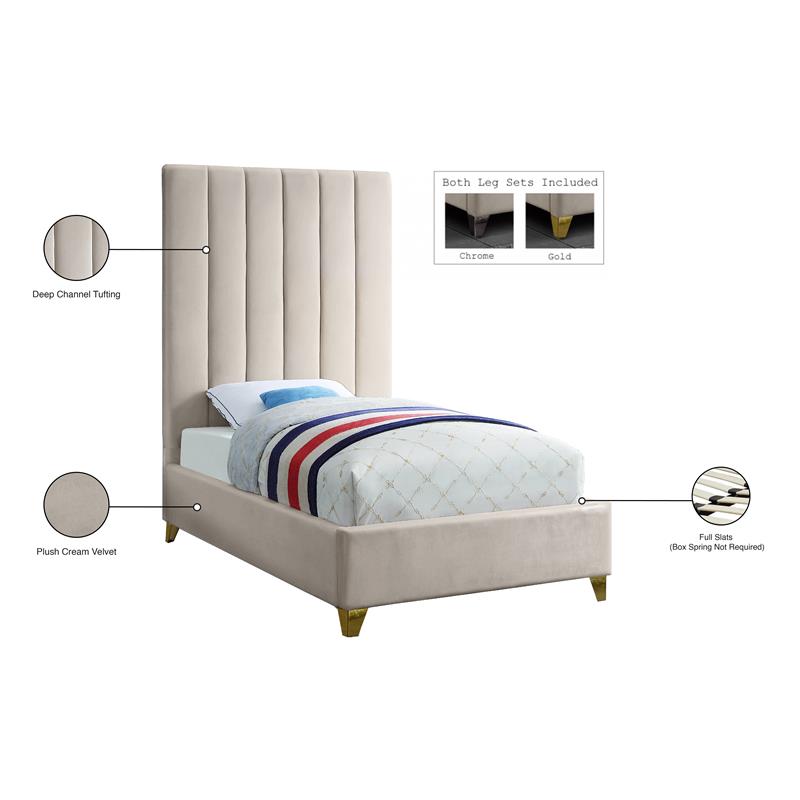 Bowery Hill Contemporary Deep Channel Tufted Rich Velvet Twin Bed in Cream