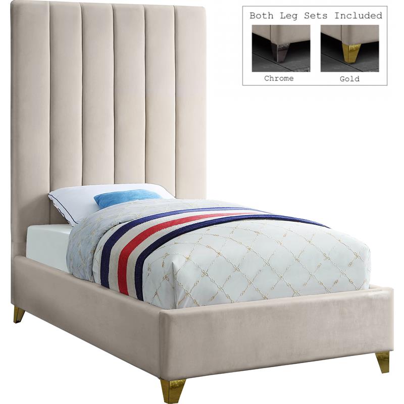 Bowery Hill Contemporary Deep Channel Tufted Rich Velvet Twin Bed in Cream