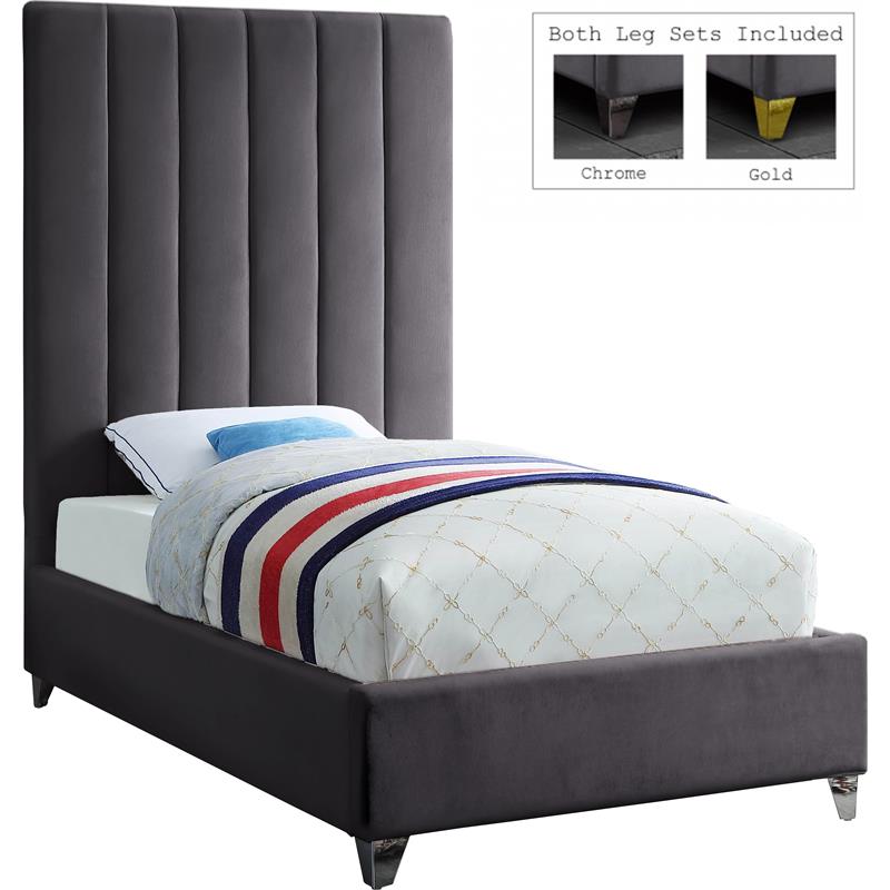 Bowery Hill Contemporary Deep Channel Tufted Rich Velvet Twin Bed in Gray
