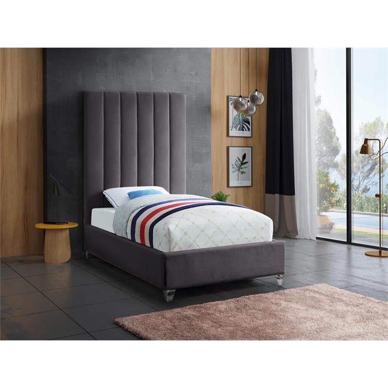 Bowery Hill Contemporary Deep Channel Tufted Rich Velvet Twin Bed in Gray