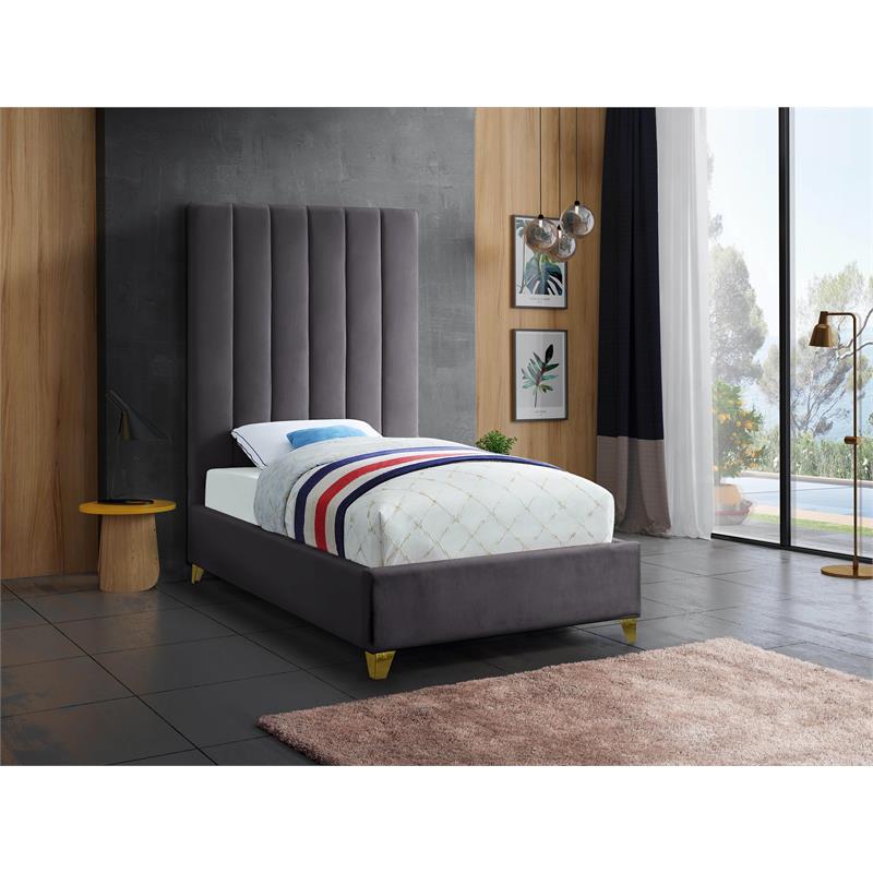 Bowery Hill Contemporary Deep Channel Tufted Rich Velvet Twin Bed in Gray