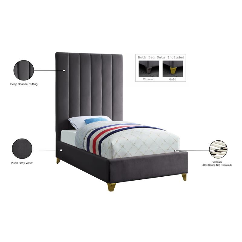 Bowery Hill Contemporary Deep Channel Tufted Rich Velvet Twin Bed in Gray