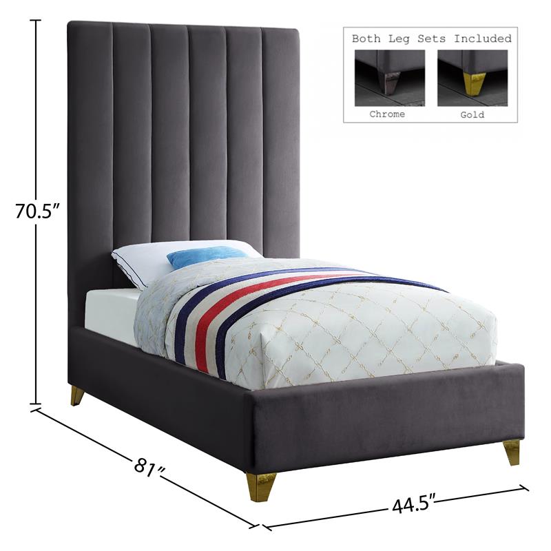 Bowery Hill Contemporary Deep Channel Tufted Rich Velvet Twin Bed in Gray