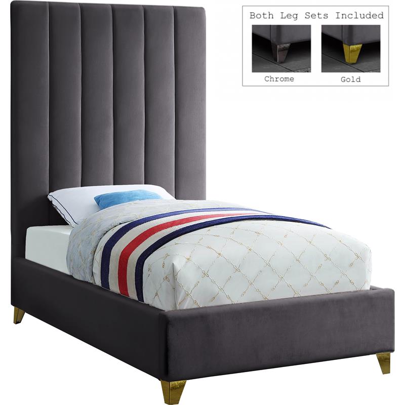 Bowery Hill Contemporary Deep Channel Tufted Rich Velvet Twin Bed in Gray