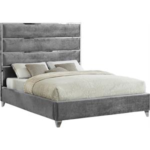 Bowery Hill Contemporary Solid Wood and Rich Velvet Queen Bed in Gray