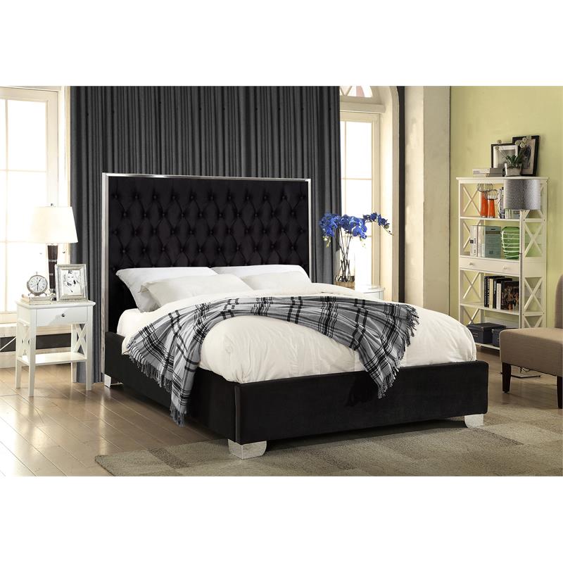 Bowery Hill Contemporary Solid Wood and Velvet King Bed in Black