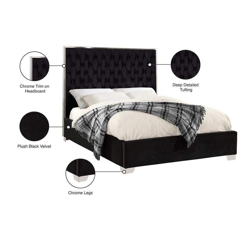 Bowery Hill Contemporary Solid Wood and Velvet King Bed in Black