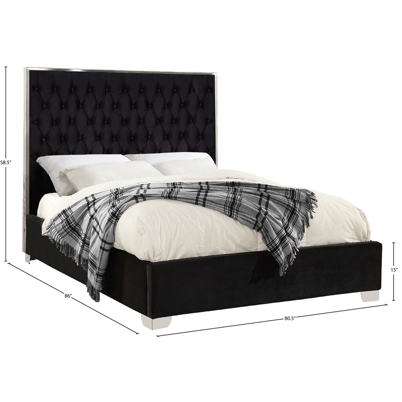 Bowery Hill Contemporary Solid Wood and Velvet King Bed in Black