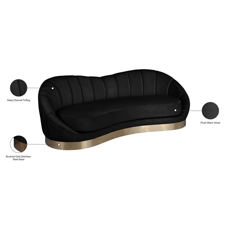 Bowery Hill Upholstered Black Velvet Sofa with Sturdy Stainless Steel Base