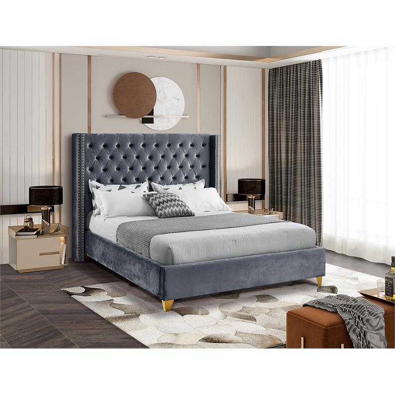 Bowery Hill Contemporary Deep Detailed Tufted Gray Velvet Full Bed