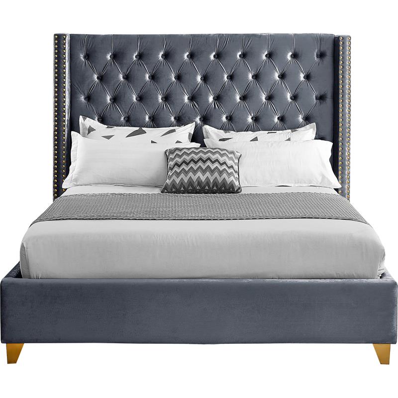 Bowery Hill Contemporary Deep Detailed Tufted Gray Velvet Full Bed