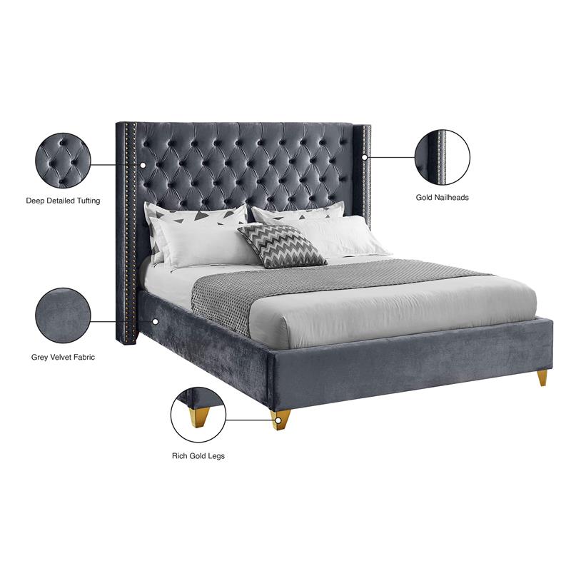 Bowery Hill Contemporary Deep Detailed Tufted Gray Velvet Full Bed