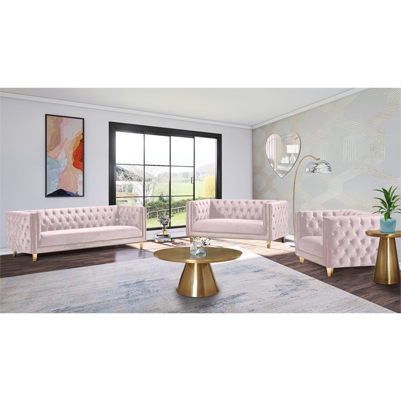 Bowery Hill Contemporary Deep Button Tufted Soft Pink Velvet Sofa