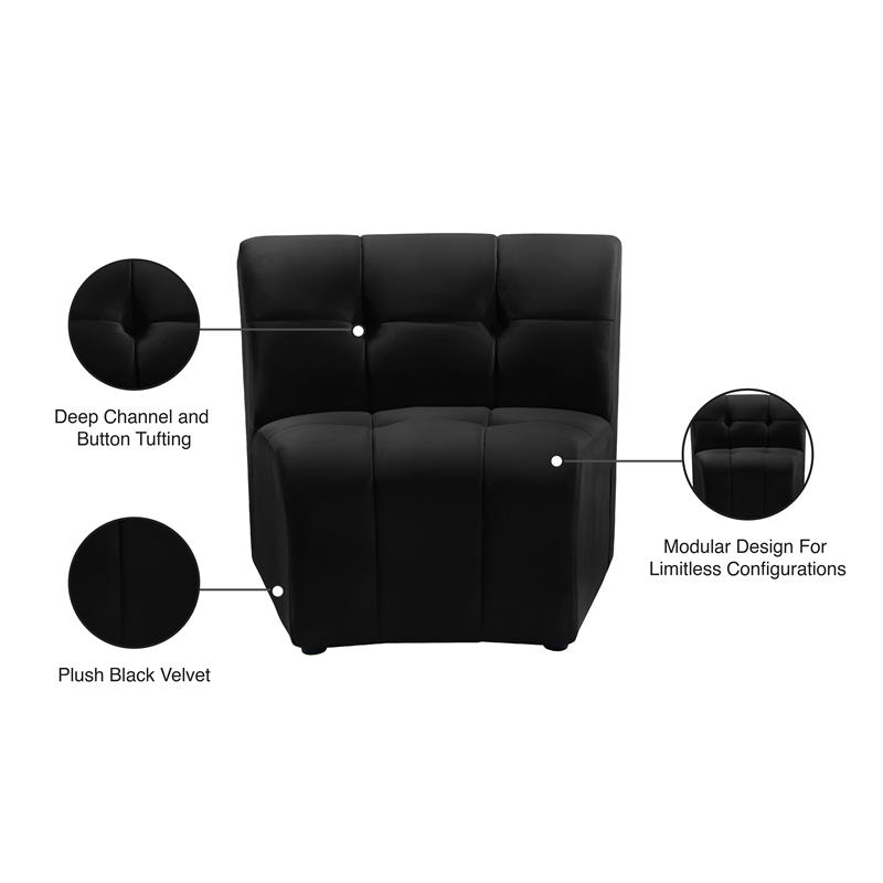 Bowery Hill Contemporary Deep Channel Tufted Soft Black Velvet Modular Chair