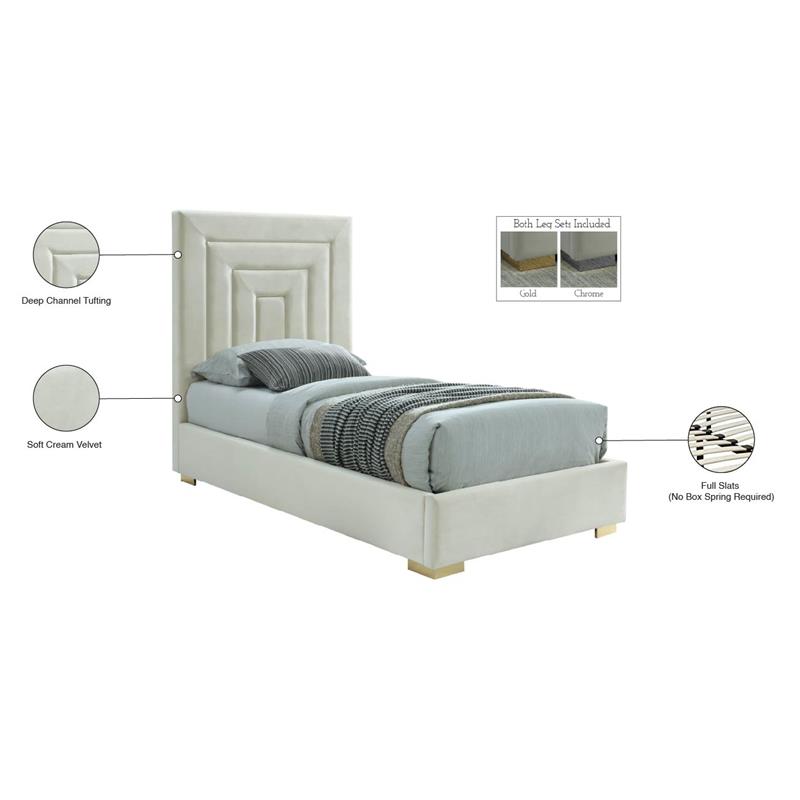 Bowery Hill Contemporary Cream Velvet Twin Bed with Gold/Chrome Legs Included