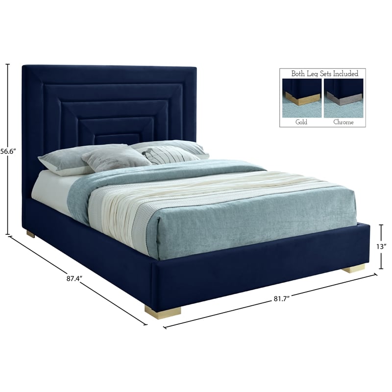 Bowery Hill Contemporary Navy Velvet King Bed with Gold/Chrome Legs Included