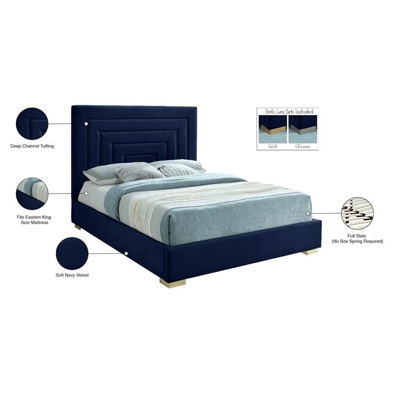 Bowery Hill Contemporary Navy Velvet King Bed with Gold/Chrome Legs Included