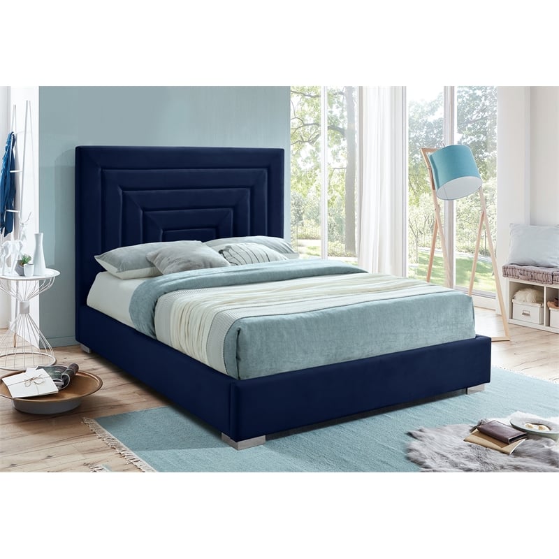 Bowery Hill Contemporary Navy Velvet King Bed with Gold/Chrome Legs Included
