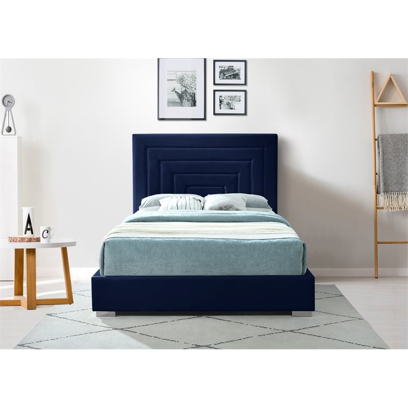 Bowery Hill Contemporary Navy Velvet King Bed with Gold/Chrome Legs Included